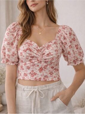 Midnight Sky Floral Twist-Front Puff Sleeve Crop Top